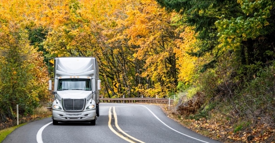 Tractor trailer driving on a tree lined road.
